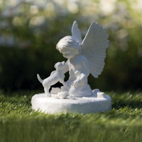 Náhrobní kámen pes s andělíčkem, bílý 12 x 14 cm
