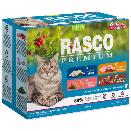 Rasco Premium Cat Pouch Sterilized 3x salmon, 3xcod, 3xduck, 3xturkey 12x85g
