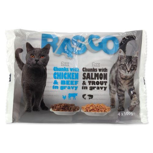 RASCO Cat s lososem a pstruhem / s kuřecím a hovězím 4 x 100g 400g